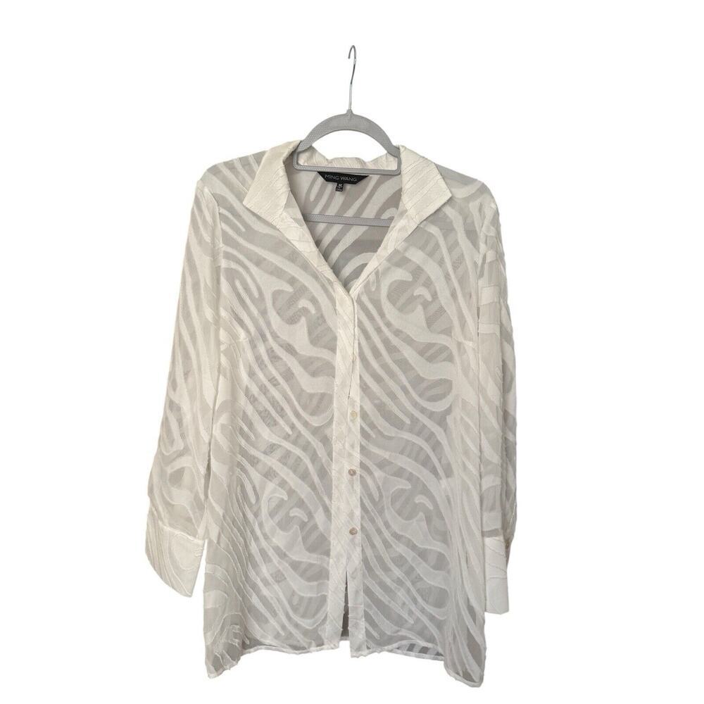 Ming Wang Sheer Abstract Swirl Cardigan Size M Elegant Sheer Liquid Knit